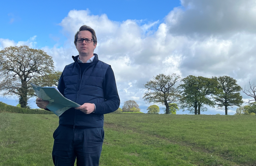 Alex Burghart MP at proposed pylon site outside Ingatestone