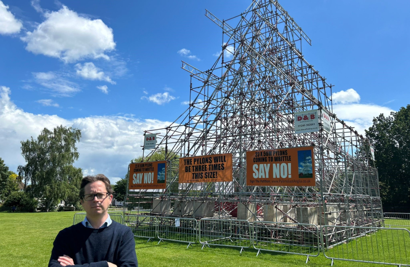 Alex Burghart with Mock Pylon at Writtle