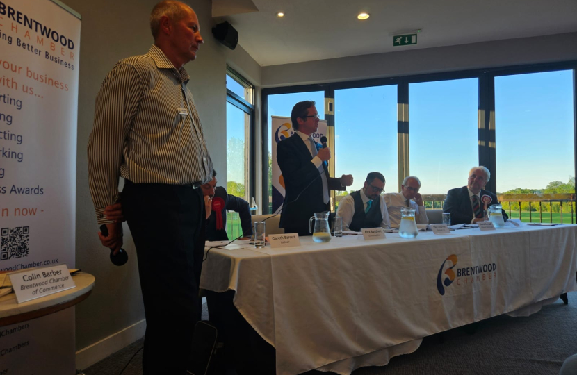 Alex Burghart speaking at Brentwood Chamber of Commerce Hustings