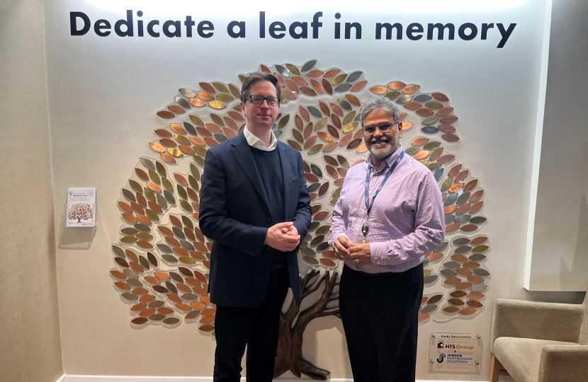 Alex Burghart MP with St Clare Hospice Medical Director Qamar Abbas