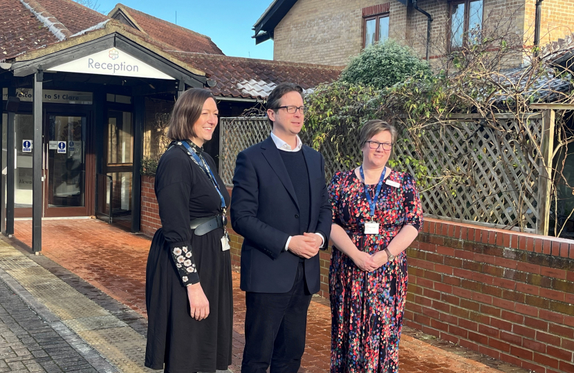 Alex Burghart MP with Sarah Thompson (Chief Executive) and Rosie Knowles (Director of Income Generation & Communications)